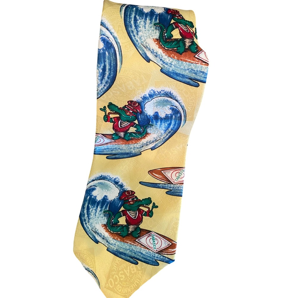 Tabasco Mens Silk Tie Vintage Surfing Alligator Yellow Novelty Made in USA